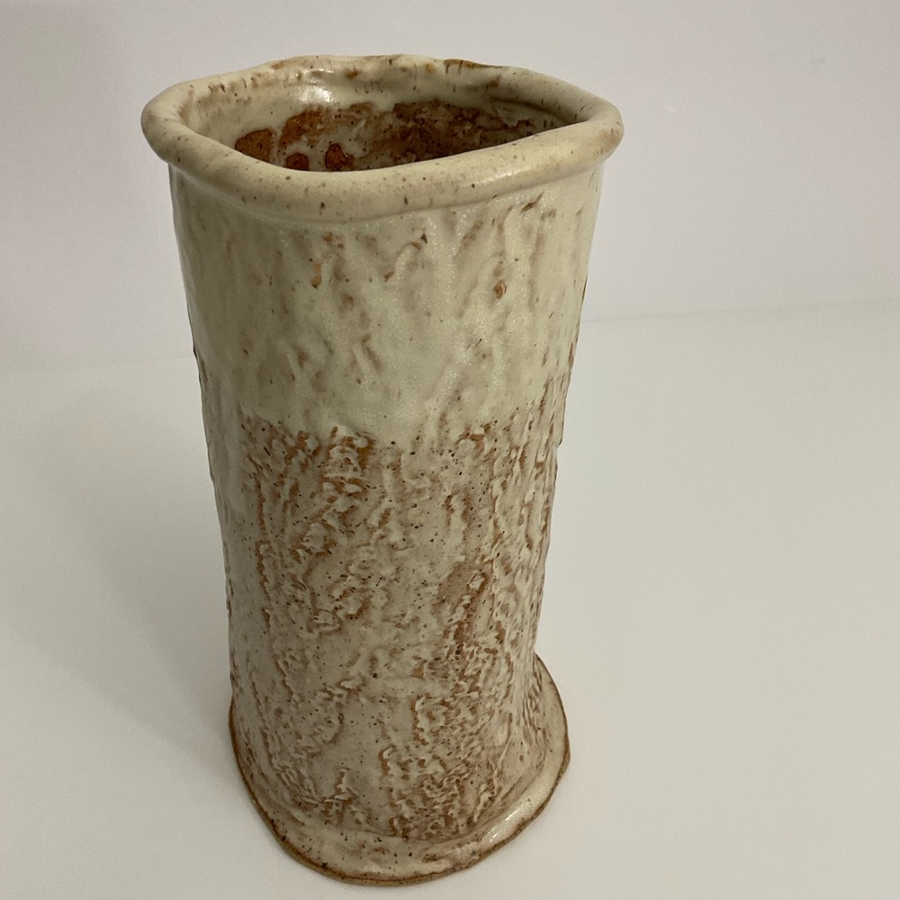 Handmade Ceramics beige brown pottery tall vase signed by Sheila